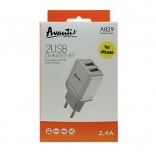 Мережевий зарядний пристрій Avantis A829 (2USB/2.4A) + USB кабель Lightning- білий