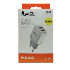 Мережевий зарядний пристрій Avantis A829 (2USB/2.4A) + USB кабель Type-C- білий