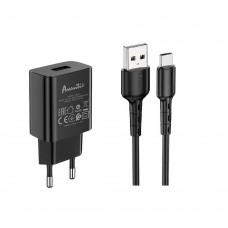 Мережевий зарядний пристрій Avantis A820 (1USB/2.4A) + USB кабель Type-C- чорний